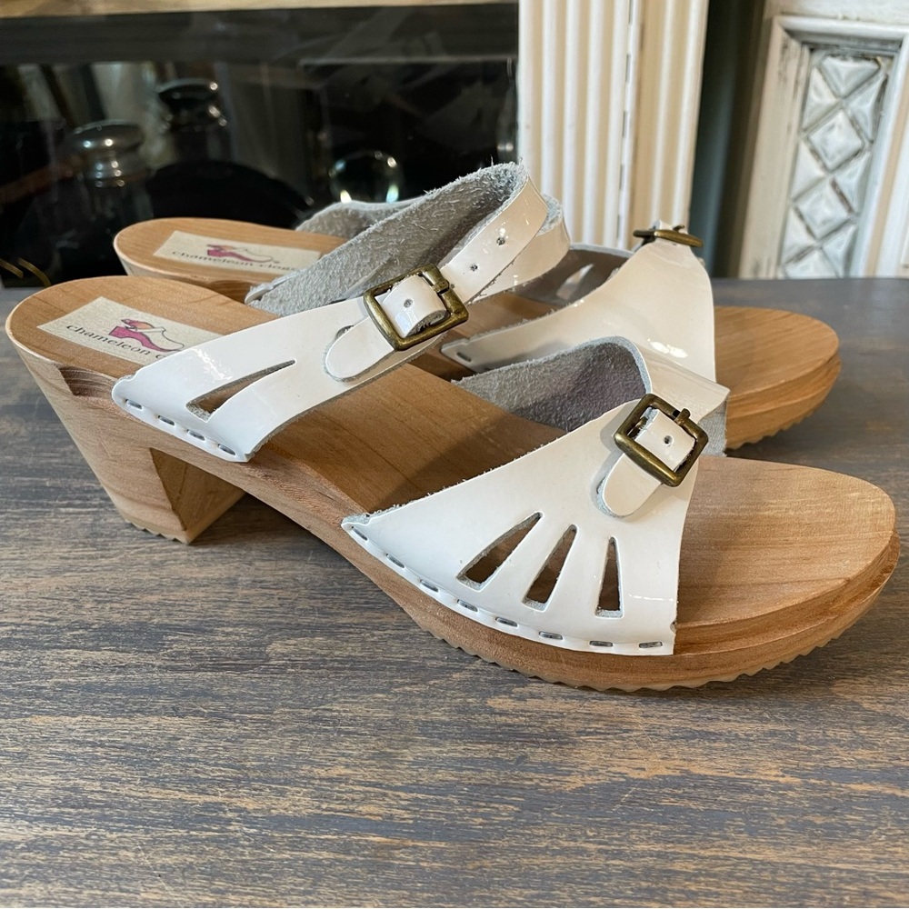 Chameleon Clogs white leather wood handmade Swedish Sandals women’s 37